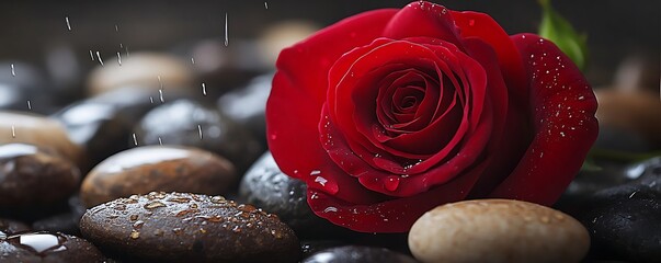 A fresh red rose laying on smooth dark pebbles with soft raindrops falling
