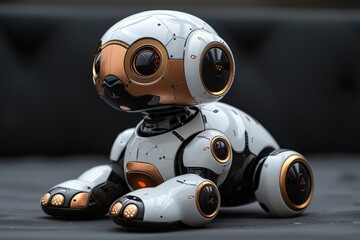This adorable robotic puppy features an innovative design with glossy surfaces and embedded technologies, perfect for modern companions who love gadgets and playfulness.