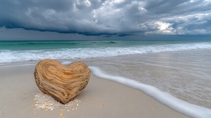 Heart-shaped driftwood on beach with stormy sky