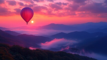 Fototapeta premium Hot air balloon at sunrise over misty mountains