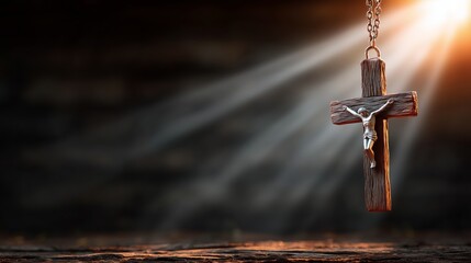 Sunlight pierces through dark clouds, casting rays around a cross pendant hanging on a chain. 