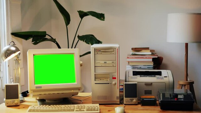 Retro pc computer gaming, Desktop vintage with loading code console, programmer making scripts, green basic screen, Old computer studio close-up, retro wave display, late 90s PC.