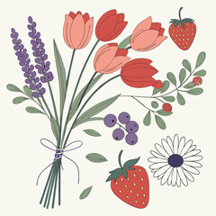 Spring floral bouquet illustration tulips lavender strawberries daisies