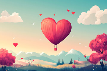 A whimsical heart-shaped hot air balloon floats above a serene landscape at sunset, surrounded by love
