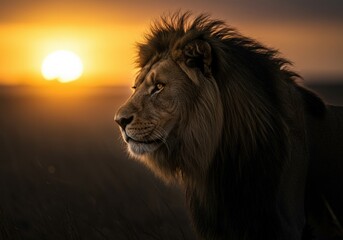 Close-up portrait of a male lion with intense eyes and dramatic lighting. Powerful wildlife image symbolizing strength, dominance, and the king of the jungle.
