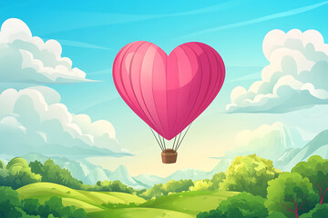 A vibrant pink heart-shaped hot air balloon soaring over lush green hills under a bright sky