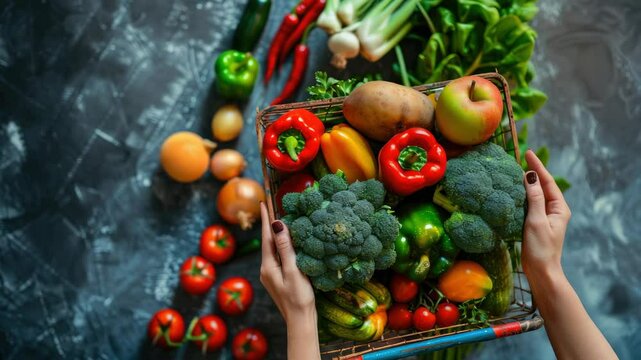 Hands hold a basket filled with vibrant vegetables and fruits, while various other produce lies attractively scattered around