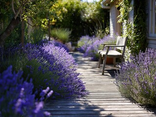 lavender in private garden next to house, generative ai