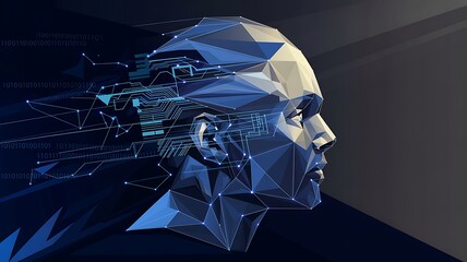 Abstract polygonal head with circuit board pattern and binary code in a digital illustration