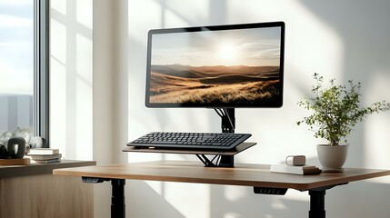 Standing desk with monitor and keyboard placed elegantly with cable management and daylight background