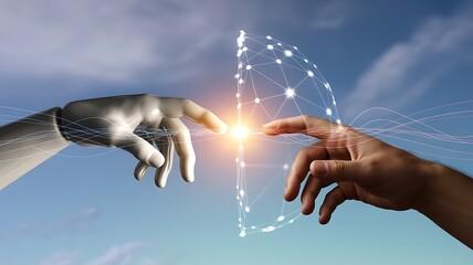 Robot and human hands reaching towards each other with a digital network in a bright blue sky
