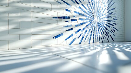 Starburst mosaic pattern in bright white and blue tiles on clean indoor wall, high clarity with soft shadows