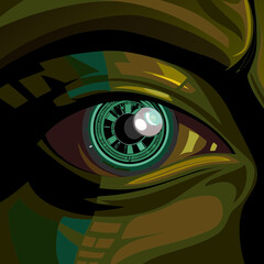 Close up of a stylized eye with clockwork iris design