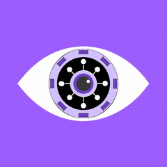 Stylized eye with geometric iris on a purple background