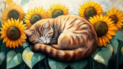 Wall painting of cat curled among sunflowers in stylized form, bright ambient lighting and neat composition