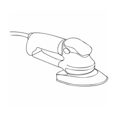 Detailed black and white line art illustration of an orbital sander power tool