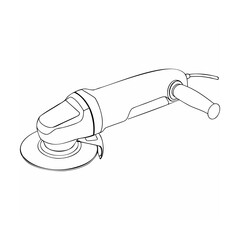 Detailed line art illustration of an angle grinder power tool isolated on a white background