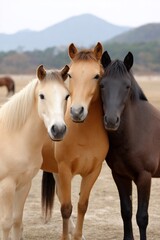 Three Sumatran Wild Horses Huddled Together in a Field