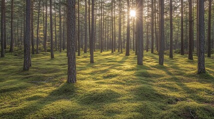 Obraz premium Sunlit Pine Forest: Golden Hour in a Tranquil Woodland