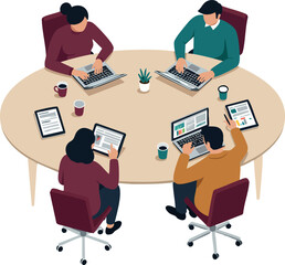 Group of people working on laptops around round table in office environment teamwork collaboration concept 