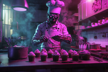 A surreal chef in a vibrant kitchen decorates cupcakes amidst a smoky atmosphere