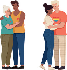 Fototapeta premium Diverse couples embracing with love and pride in casual clothing vector illustration 