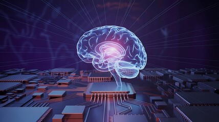 Illustration of a translucent brain above a circuit board with a purple and blue background glow