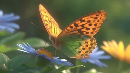 Vibrant Butterfly on Blue Flower in a Soft Morning Light Environment