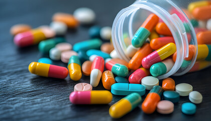 A vintage toned image displaying a close up view of a medical capsule pill or drug placed on a wooden background