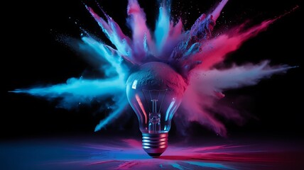 Illuminated lightbulb surrounded by vibrant pink and blue powder explosion on a dark background