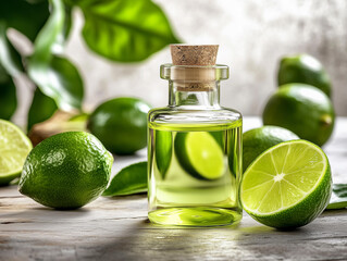 Fresh lime extract bottle on wooden table with vibrant green limes