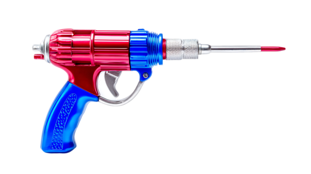 Futuristic ray gun toy in red blue and silver colors against a black background - Powered by Adobe