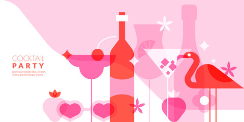 Cocktail party vector banner design with champagne, bottles, cocktails, and flamingo. Bar menu, poster, flyer background