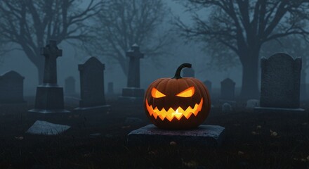 Glowing Jack-o'-Lantern in Foggy Graveyard