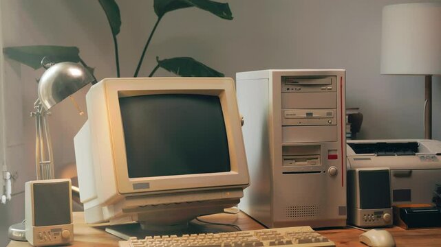 Retro pc computer gaming, Desktop vintage with loading code console, programmer making scripts, green basic screen, Old computer studio close-up, retro wave display, late 90s PC.
