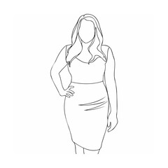Elegant line drawing of a woman in a dress with long flowing hair posing confidently