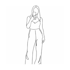Elegant line art illustration of a woman taking a selfie with a modern smartphone