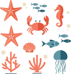 Obraz premium Sea Animals and Coral Vector Illustration with Crab Starfish and Seahorse in Blue and Orange Colors