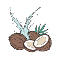 Fresh and tropical coconut fruits vector illustration on white background. Includes whole, halved, and sliced coconuts with lush detail. Perfect for comics, t-shirts, POD, and summer themes.