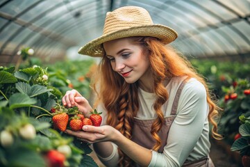 Agricultural industry. A stylish gardener in a hat is harvesting a rich strawberry crop in a greenhouse.