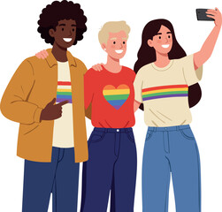 Diverse group of friends taking selfie with rainbow shirts representing pride and unity vector illustration 