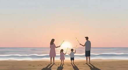 Family Silhouette at Sunset Beach with Sparklers A Summer Evening