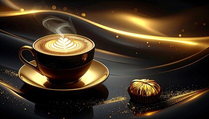 Top View of Cappuccino and Chocolate Praline on Abstract Table