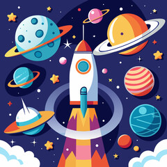 Rocket launching into colorful space with planets and stars