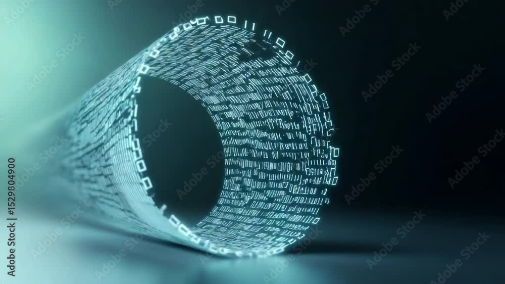 Poster Digital Data Stream: A mesmerizing abstract representation of a data stream, depicted as a spiraling cylinder composed of glowing digital code.