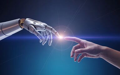 Robot and human hands touching with a bright light between them against a blue gradient background