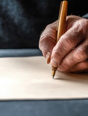 aging population services concept. A person writing on a blank paper with a wooden pen.