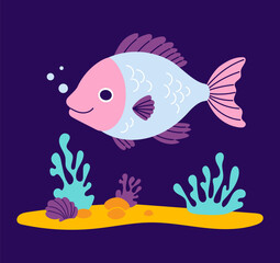 Cute Fish Swimming on seabed with algae on dark blue background. Vector illustration. Kids collection