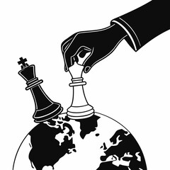 Global strategy chess game hand moving queen piece world map