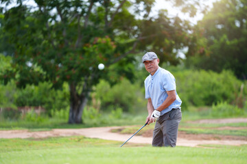Senior Golfer, Retirement Sport, Elderly man shifting golf with focus and determination., Weekend Active Lifestyle.